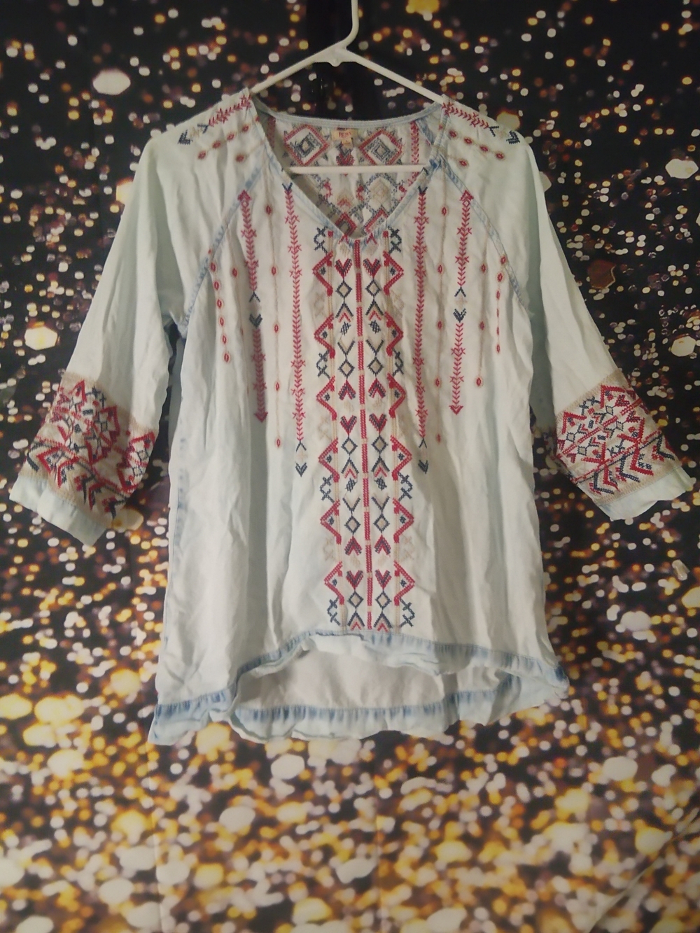 Reba Light Blue Embroidered Boho Tunic with Red & Navy Accents